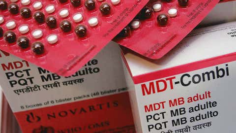 Picture taken Nov. 7, 2005, shows tablets of anti-Leprosy multi-drug therapy medicines by Swiss drug maker Novartis displayed at the World Health Organization headquarters in Geneva. (Fabrice Coffrini/AFP/Getty Images)