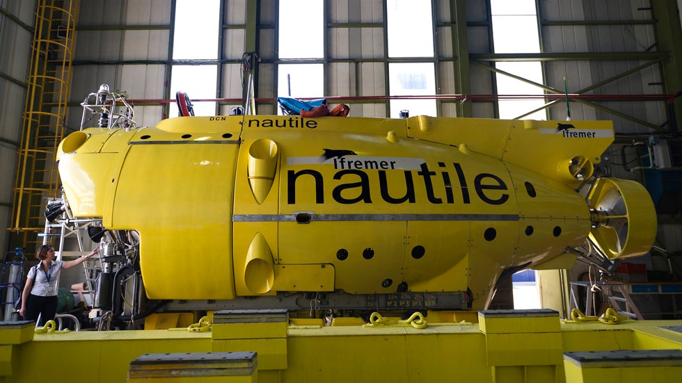 French Research Institute for Exploration of the Sea (IFREMER) Nautile, a manned submarine designed for observing ocean floors, is pictured prior to boarding a IFREMER research vessel, on July 25, 2011 in La Seyne-sur-Mer. (BERTRAND LANGLOIS/AFP/Getty Images)