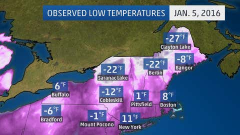 Observed low temperatures at selected locations in the Northeast on Tuesday, Jan. 5, 2016.