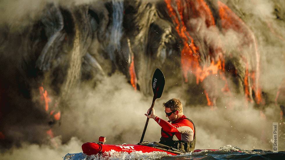 Extreme sports photographer Alexandre Socci captures kayker Pedro Oliva and his team as they brave the waters of Kilauea, an active volcano on Hawaii's 'Big Island.' (Ale Socci/Green Pixel)
