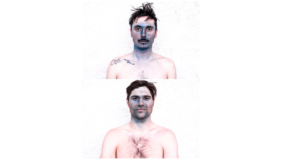 Photographer Jeremy Bernard, covered with colored pigments he, Nicolas and Loris Falquet used to to cover the snow in Las Marecottes. Bernard captured spectacular shots of the Falquet brothers and Jeremie Heitz skiing on colored snow. (Jeremy Bernard and Mammut)