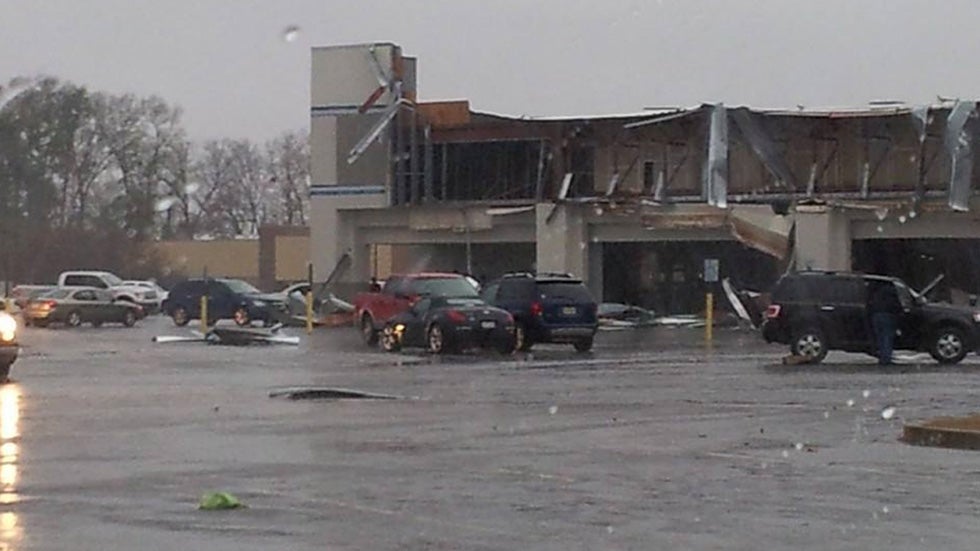A photo submitted to The Weather Channel Facebook page shows damage to a Books-A-Million in Monroe, La. (Donna Lynn Hatten/Facebook)