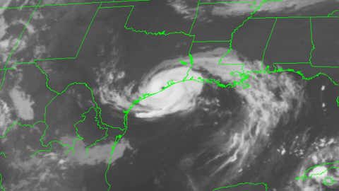 In less than three days, Alicia went from a tropical depression to a Category 3 hurricane as it came ashore near Galveston, Texas. Windows shattered in Houston skyscrapers as gravel from roofs flew through the air. Galveston reported a 98-mph wind gust along with nine feet of storm surge on the Gulf side of the island. The Category 3 storm caused $2 billion in damage ($4.5 billion in 2010 dollars) and took 21 lives. (Infrared satellite image on August 18, 1983; NOAA)