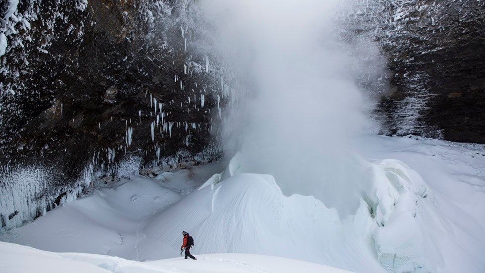 WIll Gadd prepares before climbing a first ascent on a mixed route at Helmcken Falls in Wells Gray Provincial Park, BC, Canada on February 7, 2014. (Christian Pondella/Red Bull Content Pool)