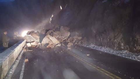 A view of a rockfall from the east side along El Portal Road (Highway 140) within Yosemite National Park in California.