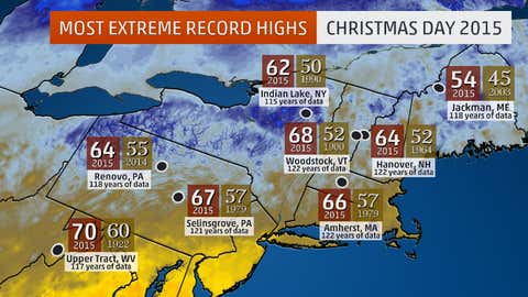 Selected record high temperatures in the Northeast on Dec. 25, 2015.