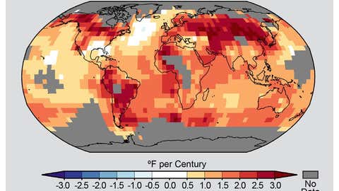 A global map of observed trends in temperature from 1900 to 2012. (Provided/NOAA)