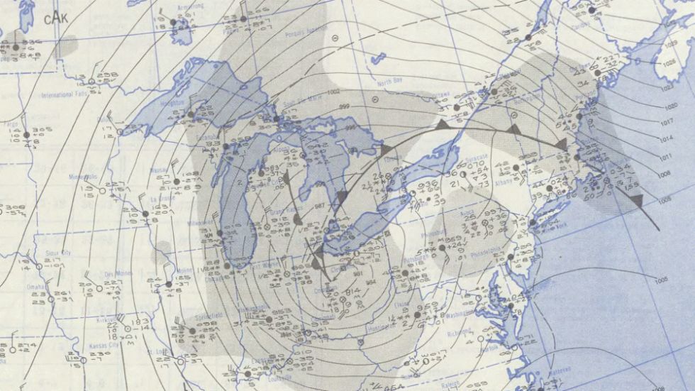 Surface map on Nov. 26, 1950 of the Great Appalachian Storm.
