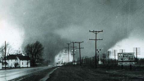 This "double tornado" destroyed the Midway Trailer Park, on U.S. Route 33, in Dunlap, Indiana, on Apr. 11, 1965.  (NOAA/Paul Huffman)