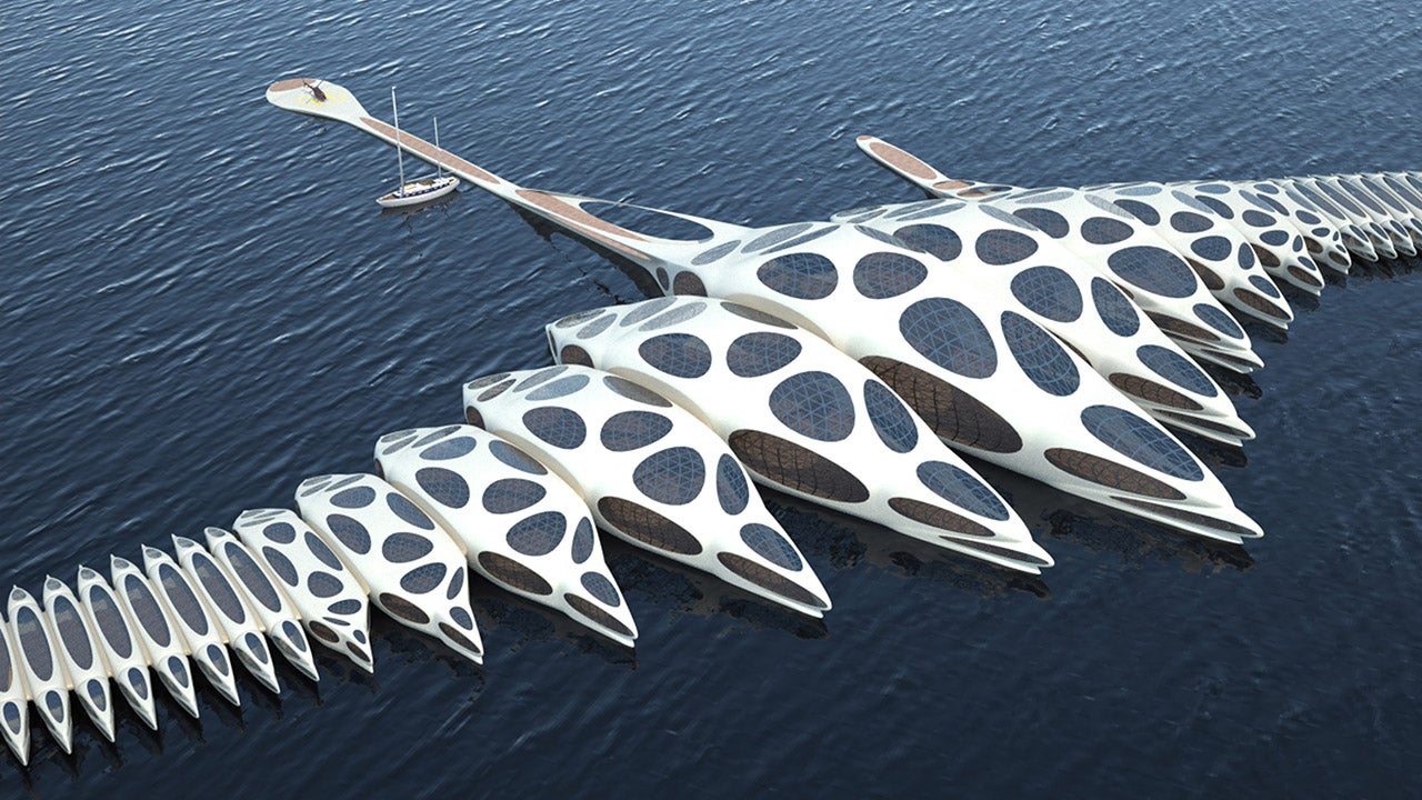A rendering of Gianluca Santosuosso's MORPHotel, a sprawling, floating ecosystem, composing of numerous capsules that spread across the ocean waves. Similar to how a cruise ship operates, the ambitious idea behind the luxurious floating hotel plan is to take guests to new and unknown places. (Caters News Agency)