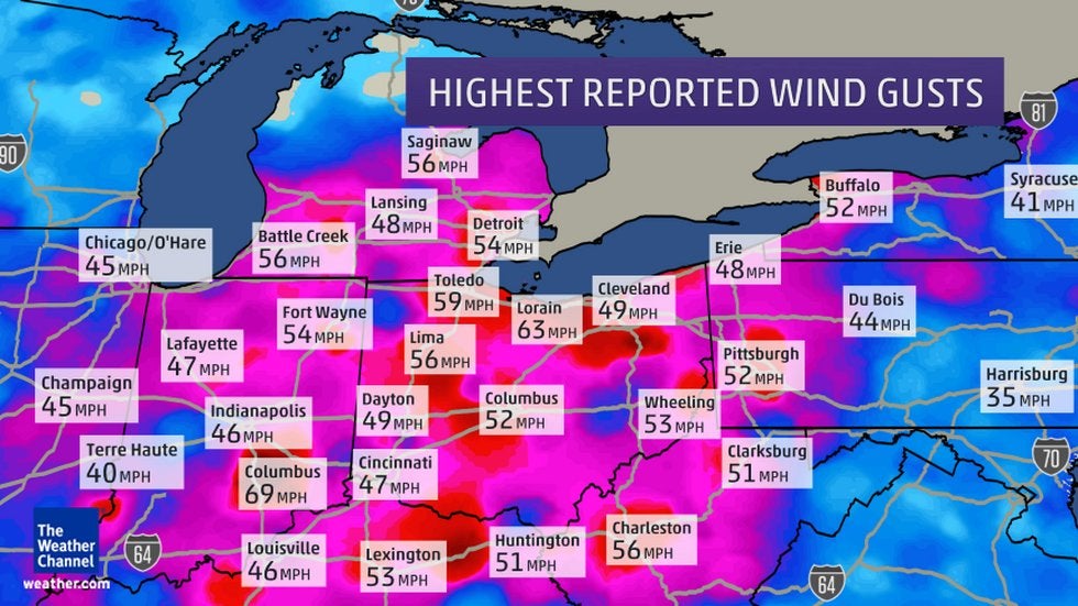 Peak wind gusts during the high wind event of Nov. 24, 2014.