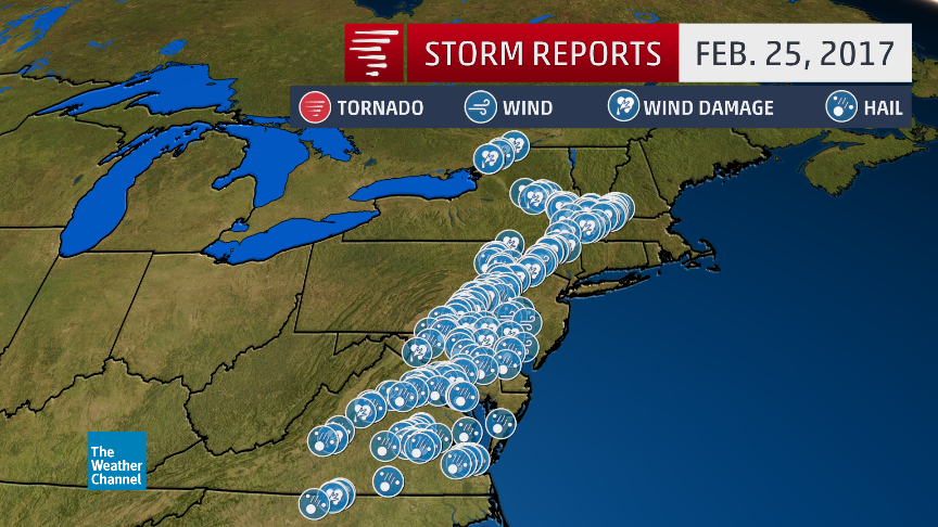 Preliminary severe reports from Feb. 25, 2017 in the East.