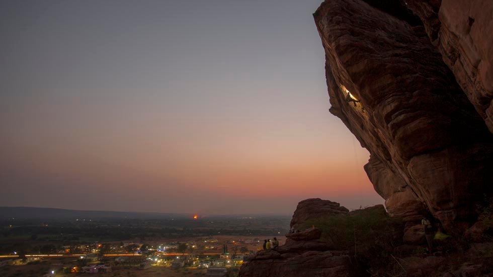 Kilian Fischhuber climbs in Badami, India on January 31, 2014. ( Johannes Mair / Red Bull Content Pool)