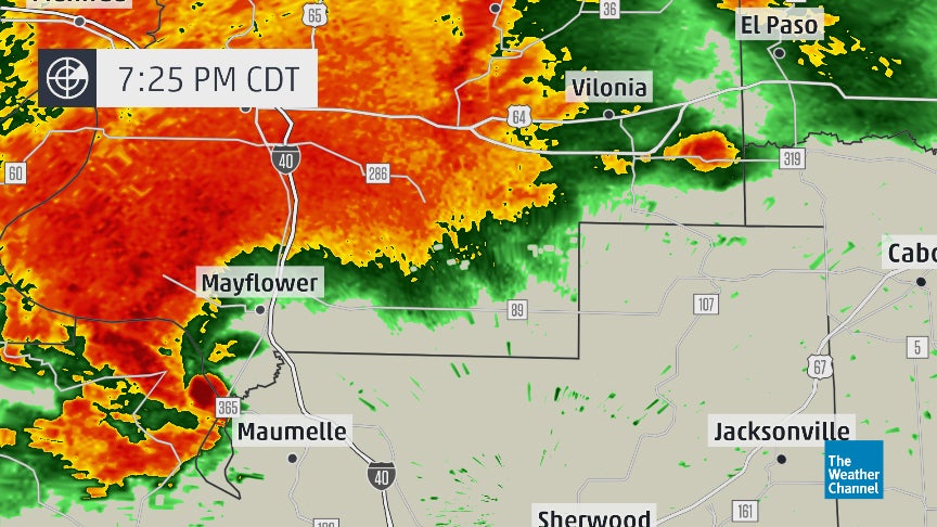 Radar image at 7:25 p.m. CT of tornadic supercell near Roland, Arkansas, southwest of Mayflower, Arkansas, on April 27, 2014.