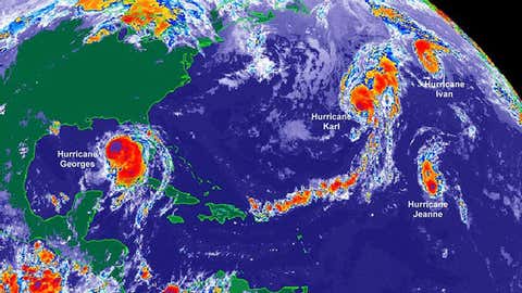 Infrared satellite image of four hurricanes at once in the Atlantic Basin on Sep. 26, 1998. (Credit: NOAA)