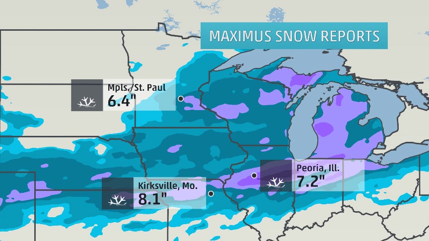 Winter Storm Maximus Midwest snow totals.