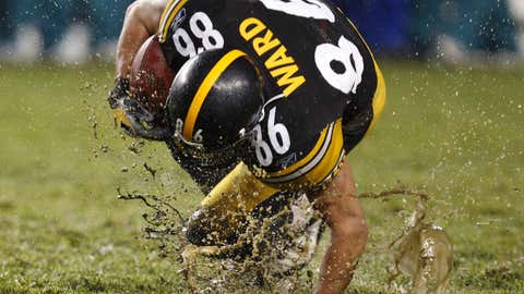 Hines Ward #86 of the Pittsburgh Steelers tries to gain his footing after a catch during a game against the Miami Dolphins on Nov. 26, 2007, at Heinz Field in Pittsburgh. Pittsburgh won the game 3-0. ( Gregory Shamus/Getty Images)