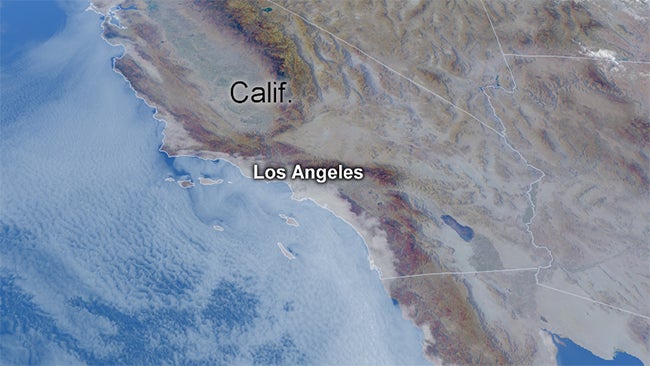 Low clouds hug parts of the California coast in this visible satellite image on Aug. 12, 2013.