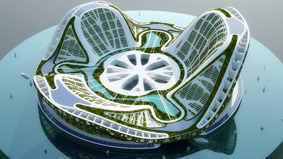 Lilypad, by Vincent Callebaut Architectures, is a floating city prototype. (Copyright: VINCENT CALLEBAUT ARCHITECTURES - WWW.VINCENT.CALLEBAUT.ORG)