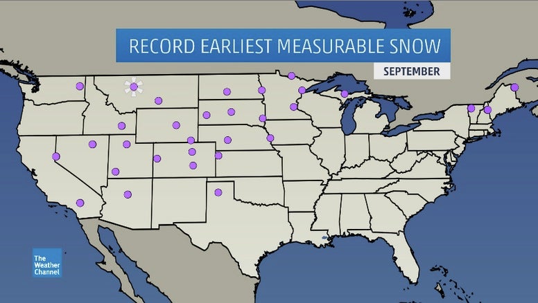 Cities whose record earliest measurable snow occurred in September. (Asterisk around Great Falls, Montana indicates this record earliest snow took place in August).