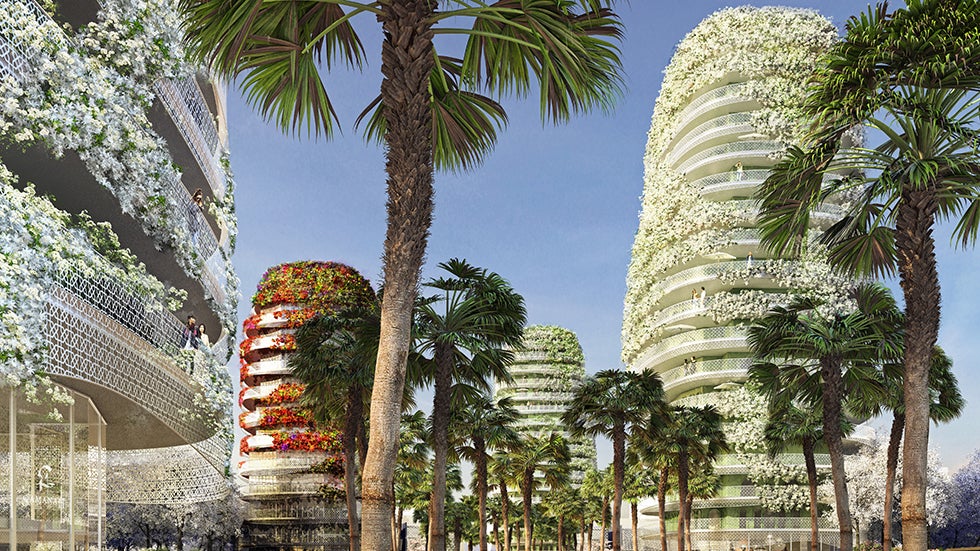 The design infuses nature by adding jasmine, palm trees and vibrant flowering vines called bougainvilleas throughout the complex. (Courtesy: Maison Edouard Fran&ccedil;ois)