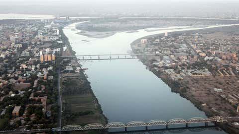 An aerial view shows the Nile river cutting through the Sudanese capital Khartoum on January 13, 2011. (KHALED DESOUKI/AFP/Getty Images)