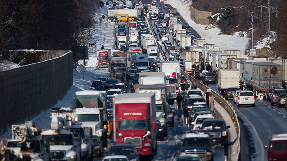 Traffic on the Pennsylvania Turnpike was at a standstill on Friday, Feb. 14, 2014, in Bensalem, Pa. (AP Photo/Matt Rourke)