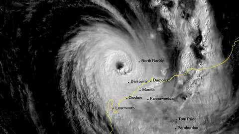 Visible satellite image of Tropical Cyclone Olivia nearing the northwest Australian coast on April 10, 1996