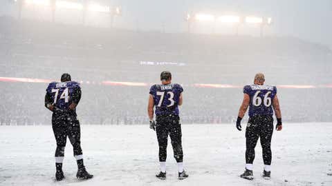 (Left to right) Tackle Michael Oher, guard Marshal Yanda and center Gino Gradkowski of the Baltimore Ravens stand on the snow-covered field during the national anthem before playing the Minnesota Vikings at M&T Bank Stadium on Dec. 8, 2013 in Baltimore, Md. (Patrick Smith/Getty Images)