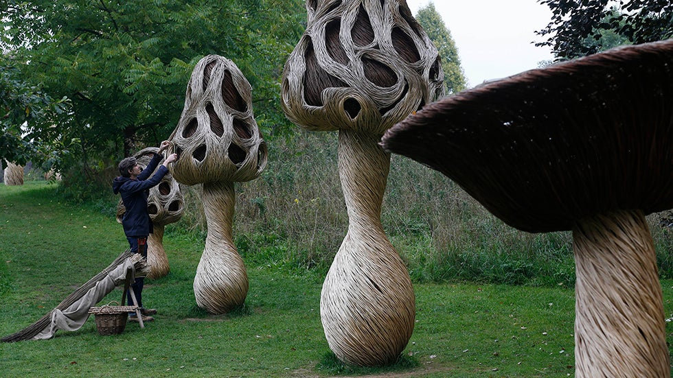 Sculptor Tom Hare poses with his 'Fungi Fairy Ring' installation in Kew Royal Botanic Gardens in London. (Image: AP Photo/Sang Tan)