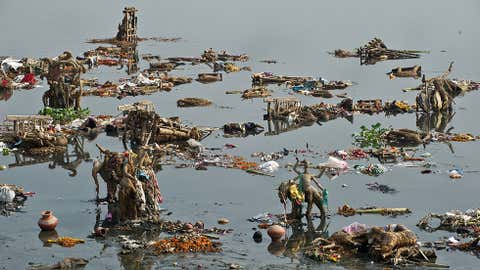 Religious offerings from devotees and leftover wooden frames of Lord Ganesh idols pile up in the Yamuna river on Sept. 20, 2013, in New Delhi, India. (Prakash Singh/AFP/Getty Images)