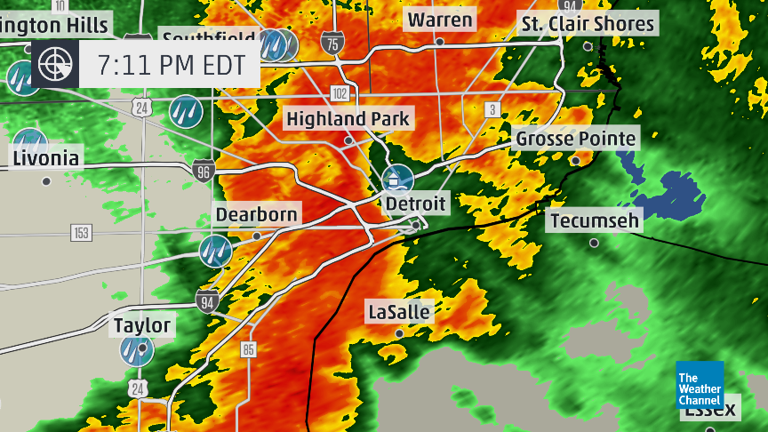 NEXRAD Doppler radar indicated extremely heavy rain in Detroit and Dearborn, Michigan at 7:11 p.m. on August 11, 2014.