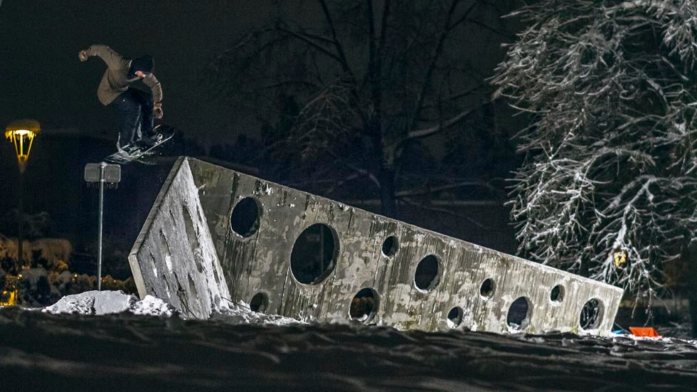 Snowboarder Marko Grilc performs while filming for the Red Bull Grilosodes in Ljubljana, Slovenia on February 3, 2014. (Janez Kocbek / Red Bull Content Pool)