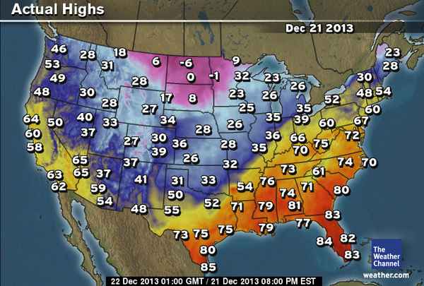 Actual highs on Saturday, Dec. 21, 2013.