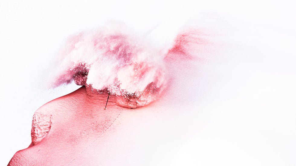 Mammut pro freeriders Nicolas and Loris Falquet and Jeremie Heitz ski on colored snow in Les Marecottes, Switzerland. (Jeremy Bernard and Mammut)