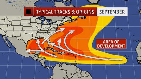 Typical named storm tracks and origins in September. Darker orange/red areas indicate most likely formation/track areas.