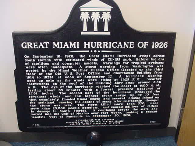 Historical marker commemorating the Great Miami Hurricane of 1926.  (NWS-Miami)