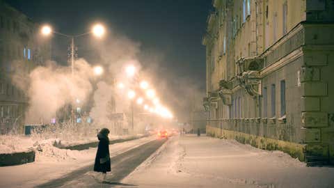 Winters are long and cold in Norilsk, Russia, with an average temperature of minus 31 degrees Celsius (minus 23 degrees F) in January. Days are characterized by frost, coupled with strong and violent winds. The cold period extends for about 280 days per year, with more than 130 days of snowstorms. (Elena Chernyshova)