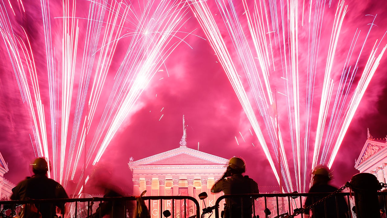 Fireworks explode over the Philadelphia Museum of Art during an Independence Day celebration, Friday, July 4, 2014, in Philadelphia. (AP Photo/Matt Rourke)