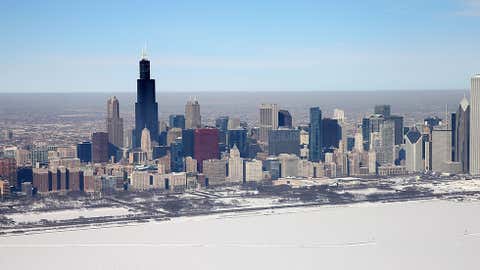 Ice covers the shoreline of Lake Michigan on Feb. 18, 2014 in Chicago, Ill. This winter’s prolonged cold weather has caused more than 88 percent of the Great Lakes to be covered in ice which is near the record of 95 percent set in Feb. 1979.  (Scott Olson/Getty Images)