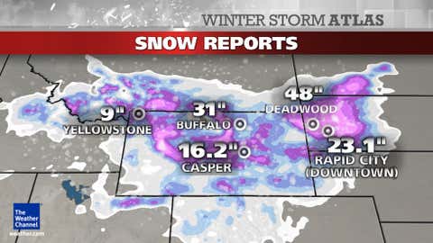 Snowfall totals observed during the height of Winter Storm Atlas, October 2013.