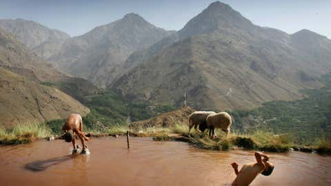 Berber children swim in an irrigation pool on the side of a mountain in the village of Ait Souka on July 25, 2007 in Imlil district, Morocco. The irrigation pool gradually fills up during the day then is drained in the evening to supply crops and the village. (Chris Jackson/Getty Images)