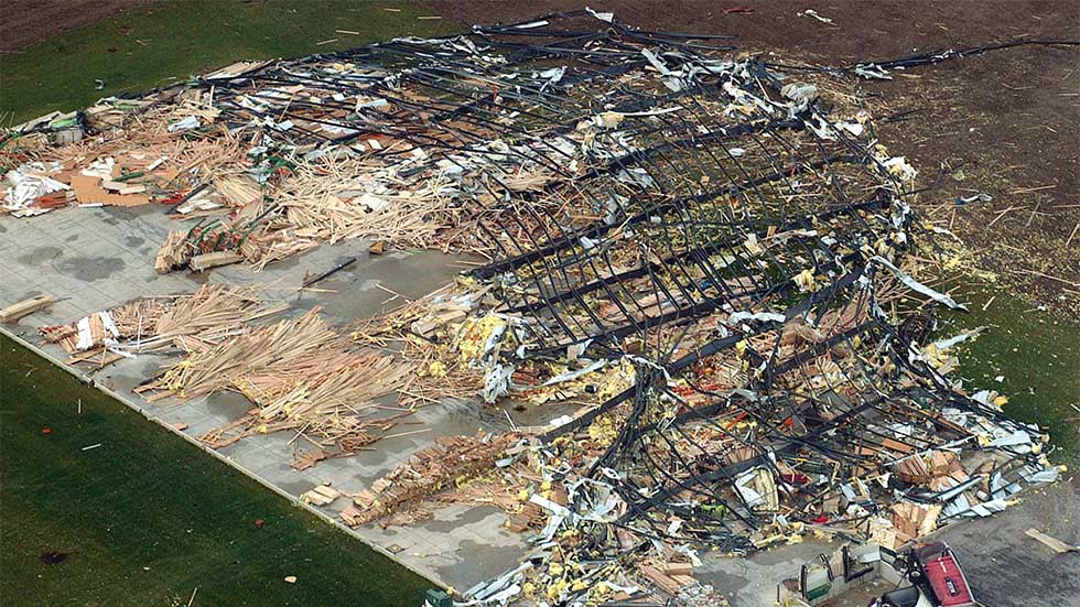 A factory is seen completely destroyed November 11, 2002 in Van Wert, Ohio. A class F4 tornado destroyed about 12 homes and factories and damaged many others in this western Ohio farm community. (Photo by Michael Williams/Getty Images)