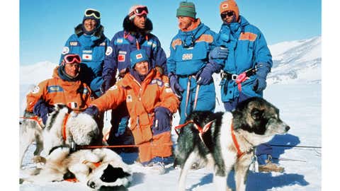 A photo dated Jan. 5, 1990 shows members of Jean-Louis Etienne's International TransAntartic expedition at the Admundsen-Scott US Base at the South Pole where they arrived Dec. 11, 1989.   (AFP/AFP/Getty Images)