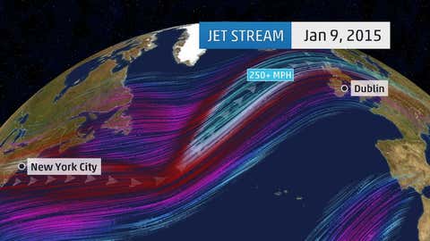 ECMWF (European) model jet stream analysis over the North Atlantic Ocean on January 9, 2015. The strongest winds are denoted by the light teal wind streams.