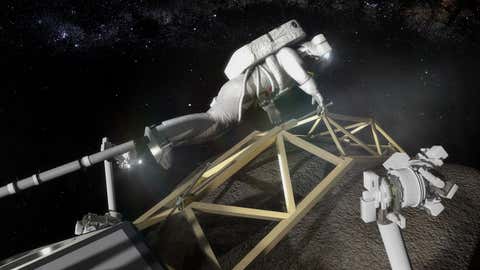 A conceptual image of an astronaut, anchored to a foot restraint, preparing to investigate the asteroid boulder. (NASA)