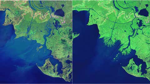 The emergence of the Atchafalaya Bay Deltas. The image on the left was taken in 1984, the one on the right in 2014. (NASA)