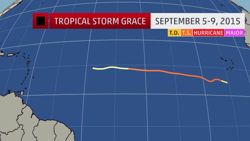 Track history of Tropical Storm Grace from Sep. 5-9, 2015.