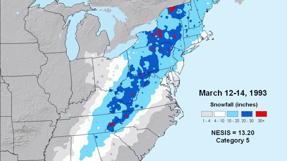 Snowfall map from Mar. 12-14, 1993 Superstorm.
