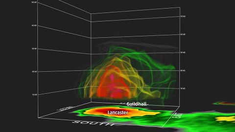 Three-dimensional view of the severe thunderstorm responsible for the microburst collapsing the circus tent near Lancaster, New Hampshire, at 5:43 p.m. EDT, August 3, 2015. (Gibson Ridge/Sarah Dillingham)